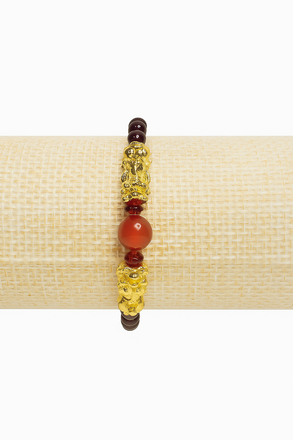 Natural Garnet and Agate Pixiu Bracelet – 6 Inch Stretchy Wealth Bracelet with Vietnamese Gold-Plated Charms
