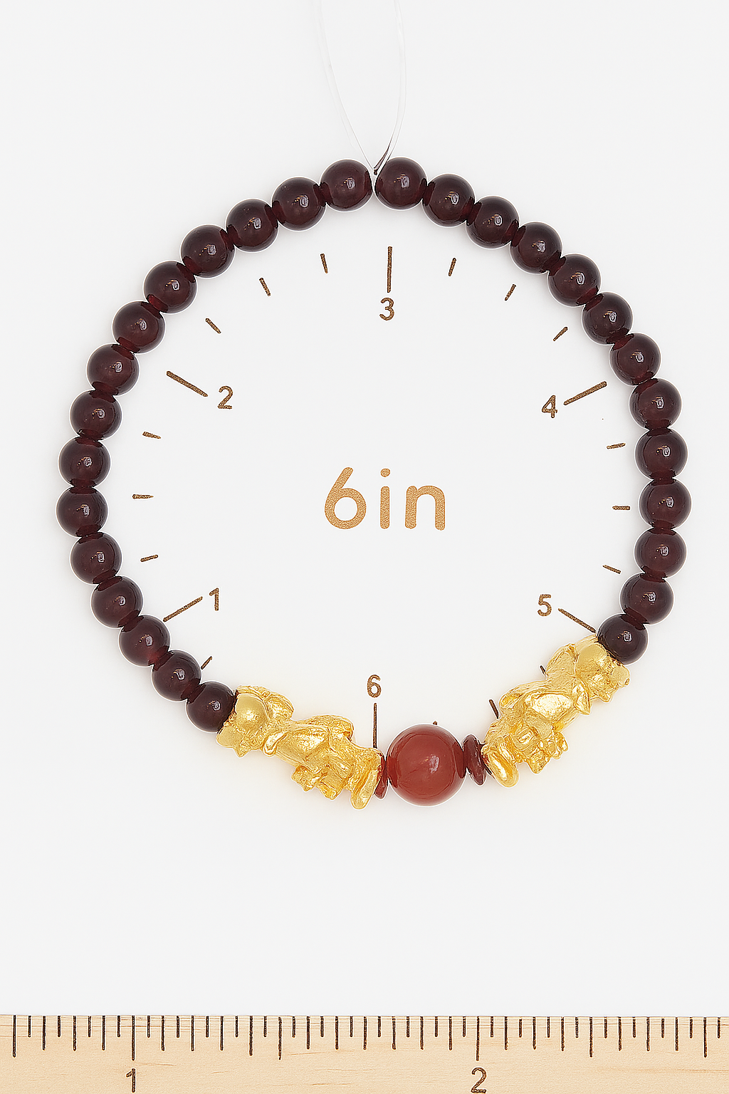 Natural Garnet and Agate Pixiu Bracelet – 6 Inch Stretchy Wealth Bracelet with Vietnamese Gold-Plated Charms